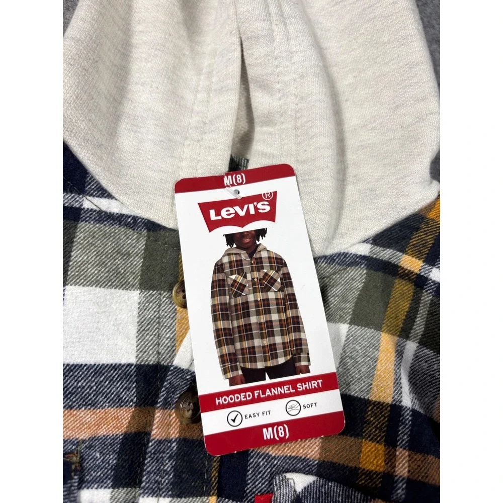 Levi's Boys Hooded Flannel Shirt Oatmeal Heather‎ Plaid Size M 8